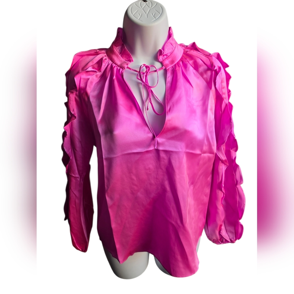 NWT Amanda Uprichard Pink Ruffled Silk Blouse Size XS